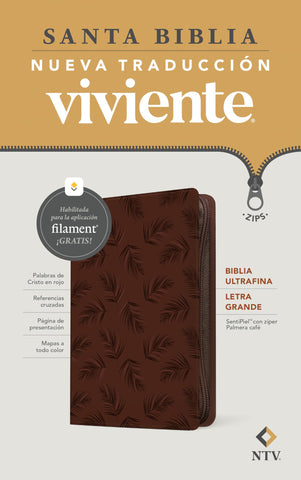 Image of Biblia NTV Ultrafina Letra Grande con Filament Símil Piel Palmera Café Letra Roja Cierre