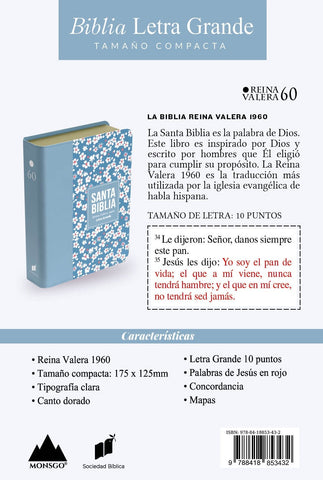 Image of Biblia RVR 1960 Compacta Símil Piel Flores Azul Grisáceo