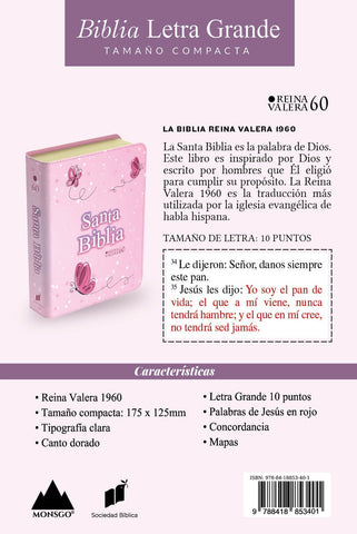 Image of Biblia RVR 1960 Compacta Simil Piel Juvenil Mariposa Rosada