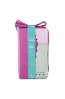 Biblia RVR 1960 Chequera Rosa Fucsia Gris Símil Piel con Índice y Cierre
