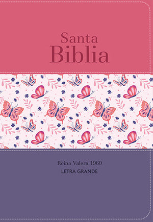 Biblia RVR 1960 Compacta Letra Grande 11 Puntos Símil Piel Tricolor Palo Rosa Mariposa Lila