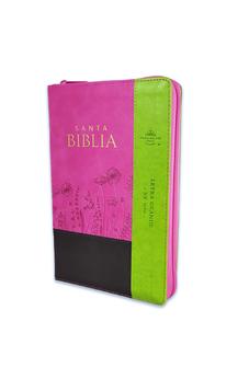 Biblia RVR 1960 Letra Grande Tamaño Manual Tricolor Marrón Fucsia Lima Símil Piel con Índice y Cierre