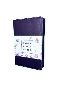 Biblia RVR 1960 Letra Grande Tamaño Manual Símil Piel Tricolor Lila Flores Lila con Índice y Cierre