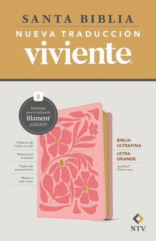 Image of Biblia NTV Ultrafina  Letra Grande con Filament Símil Piel Flores Rosa Letra Roja