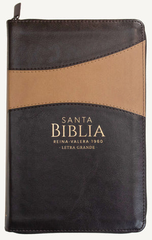Biblia RVR 1960 Letra Grande Tamaño Manual Símil Piel Duotono Café con Índice y Cierre