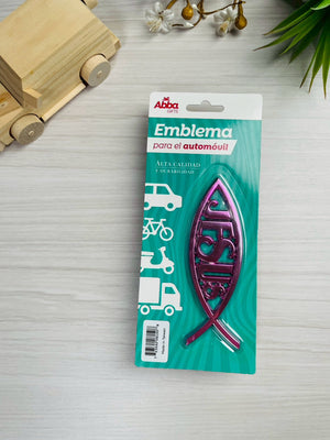 Emblema para Auto 13 cm Icthus con Jesús. Rosa