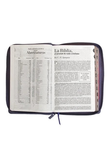 Biblia RVR 1960 Letra Grande Tamaño Manual Símil Piel Duotono Lila Morado con Índice y Cierre