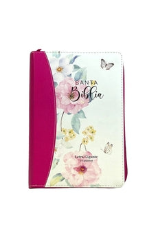 Biblia RVR 1960 Letra Gigante Símil Piel Flores Rosas con Cierre