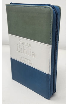 Image of Biblia RVR 1960 Letra Grande Tamaño Manual Tricolor Gris Crema Azúl con Cierre con Índice